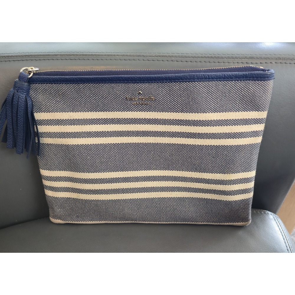 Kate Spade Parchment‎ Zippered Pouch Navy/Ivory Striped Canvas Tassel